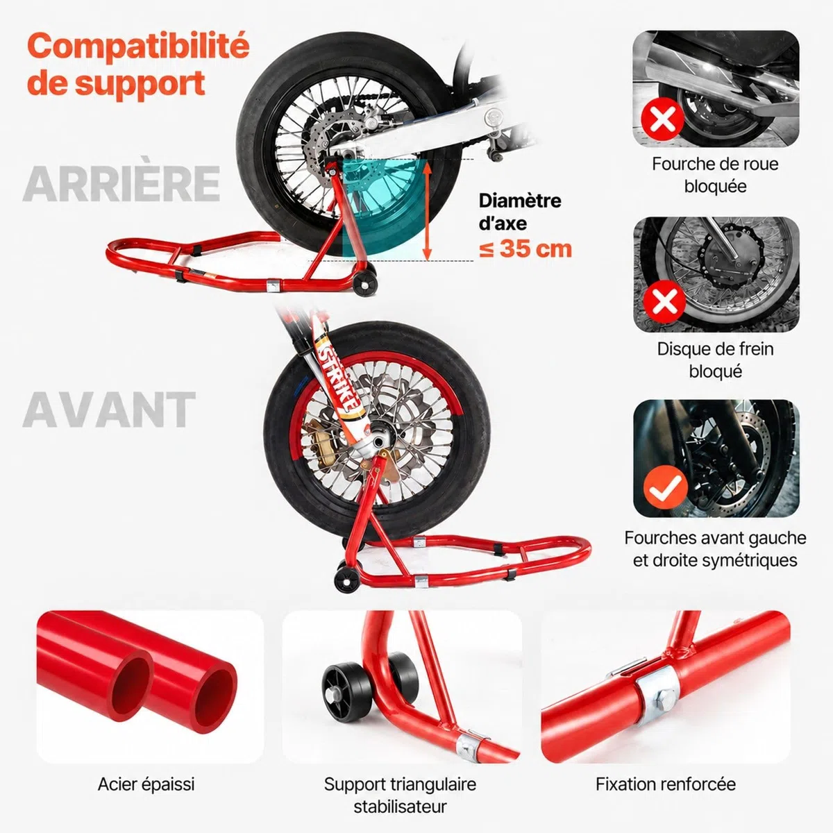 Béquilles de moto avant et arrière rouges pour roue, support de levage avec bras oscillant pour atelier et garage