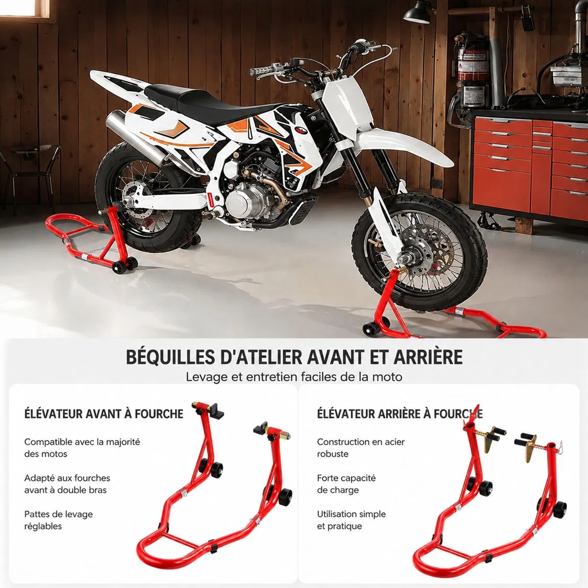 Béquilles de moto avant et arrière rouges pour roue, support de levage avec bras oscillant pour atelier et garage
