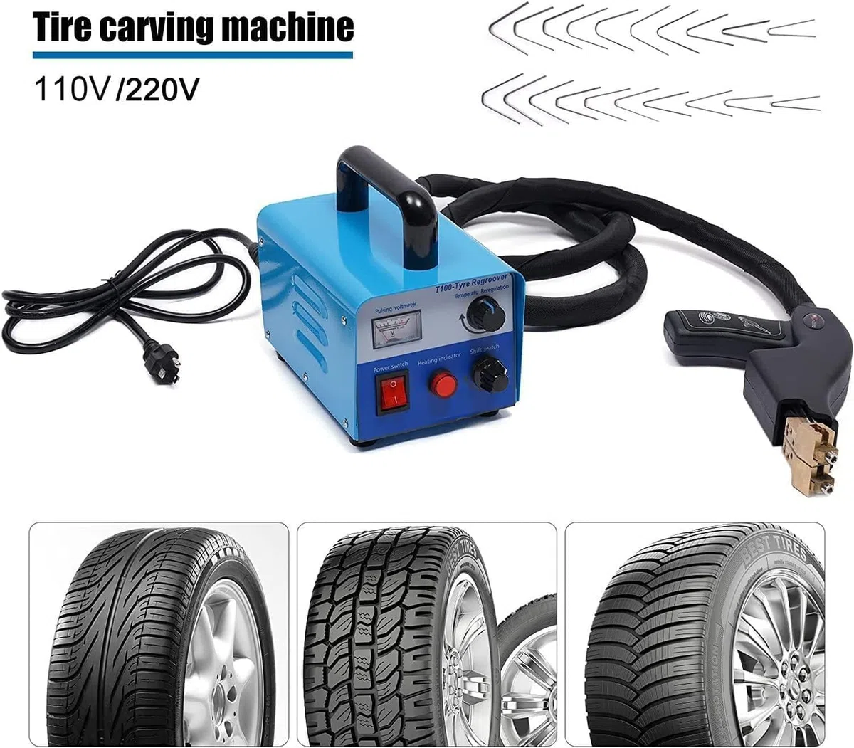 Machine à rainurer les pneus, 400 W en caoutchouc avec 20 lames U/V, largeur de fente de 2 à 10 mm, profondeur de 5 à 7 mm, pour sculpture et réparation de pneus de voiture et de chariot élévateur
