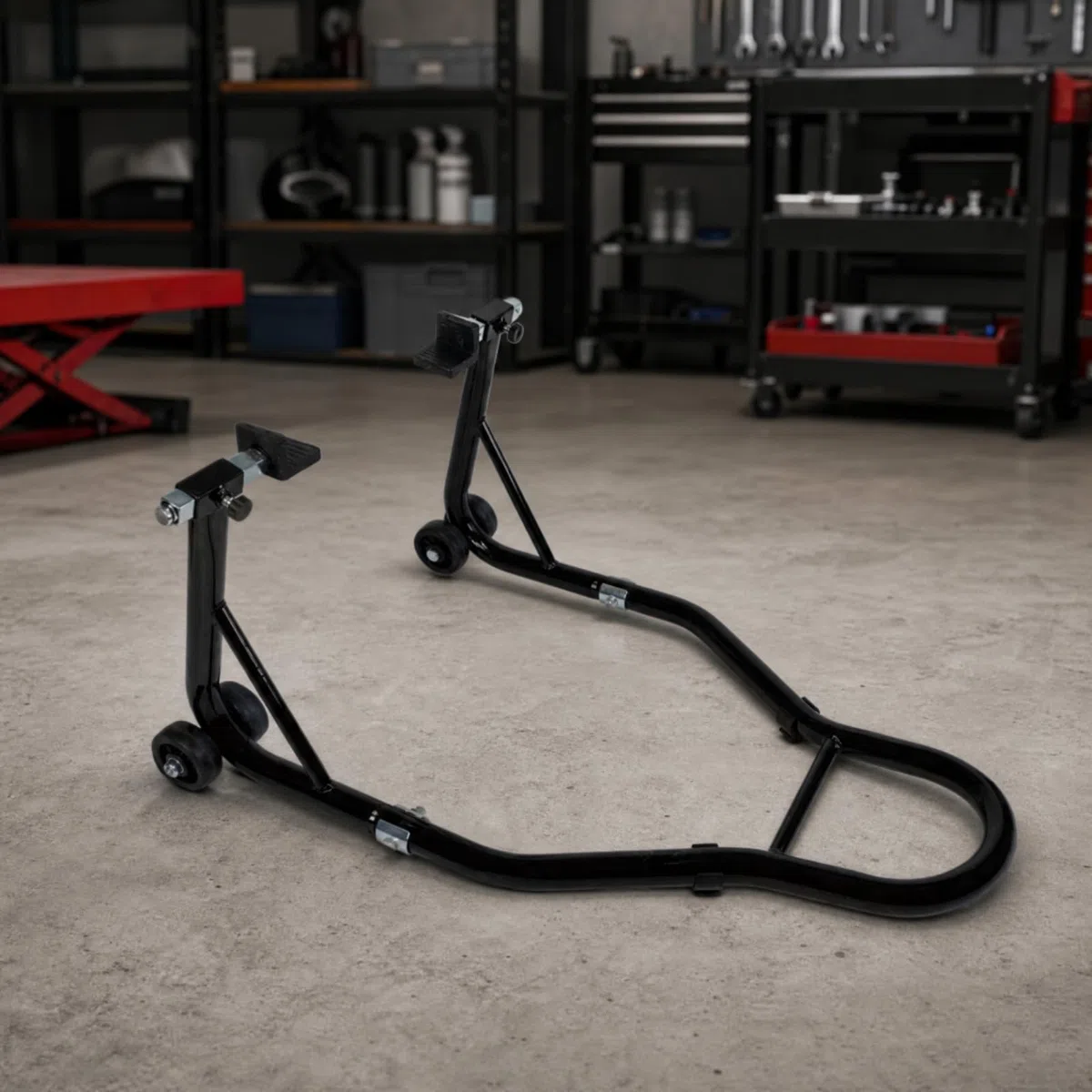 Support Re Motocyclte Robuste Béquille Paddock Cadre Tubulaire Mobile Support Motocyclte à Rltes pr Garage, Noir, Roue Avant