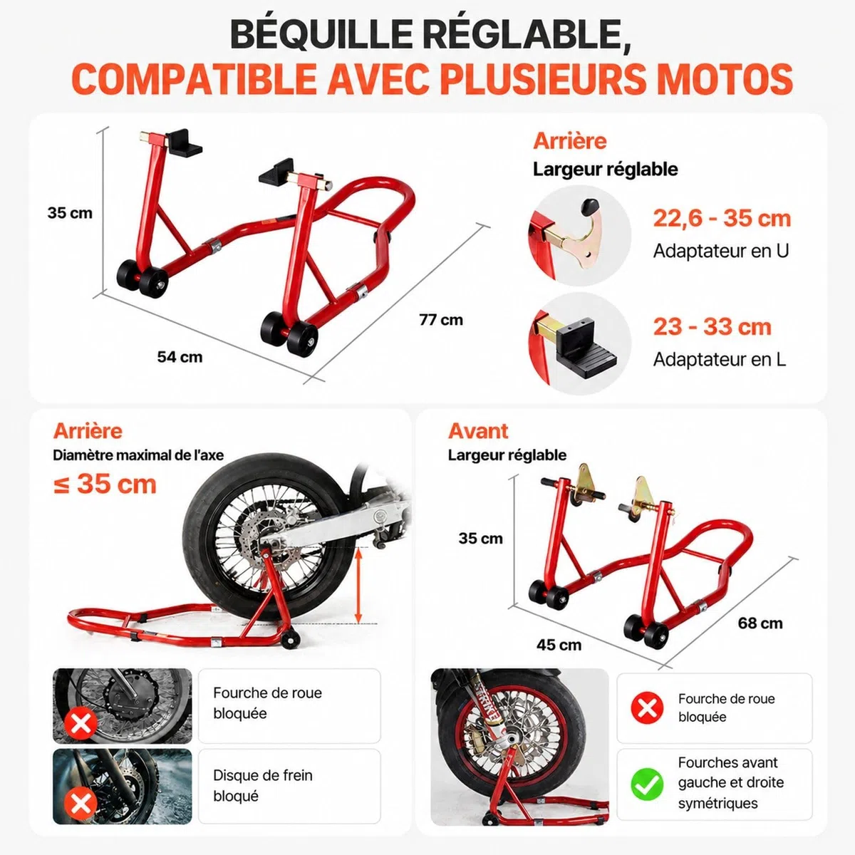 Béquilles de moto avant et arrière rouges pour roue, support de levage avec bras oscillant pour atelier et garage
