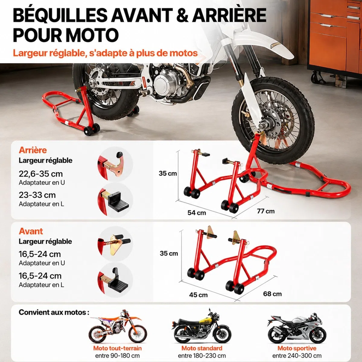 Béquilles de moto avant et arrière rouges pour roue, support de levage avec bras oscillant pour atelier et garage