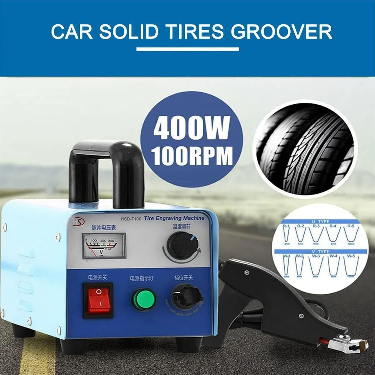 Machine à rainurer les pneus, 400 W en caoutchouc avec 20 lames U/V, largeur de fente de 2 à 10 mm, profondeur de 5 à 7 mm, pour sculpture et réparation de pneus de voiture et de chariot élévateur